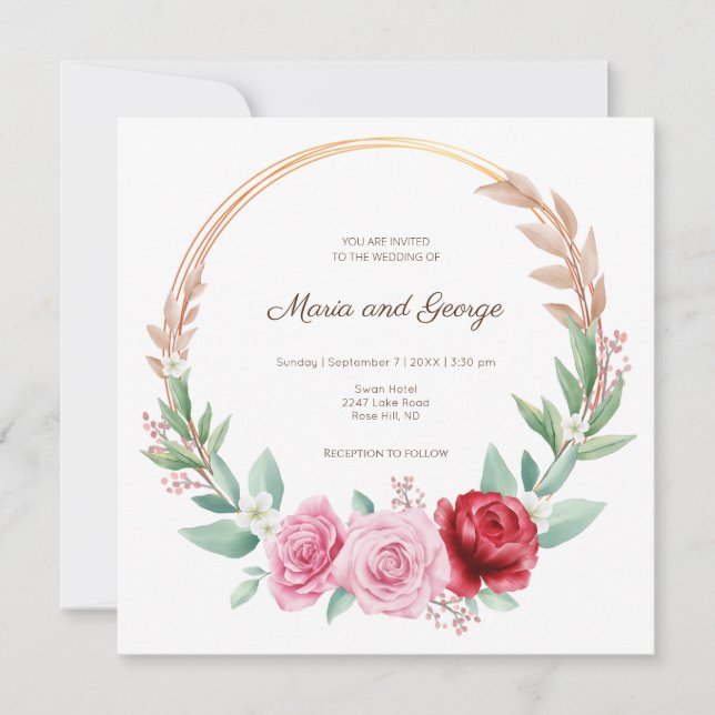 Golden floral wreath boho wedding invitation (Front)