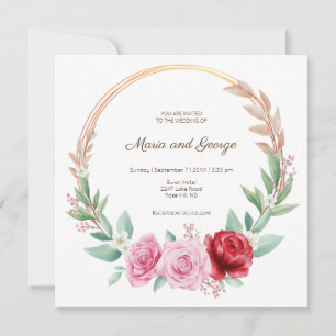 Golden floral wreath boho wedding invitation