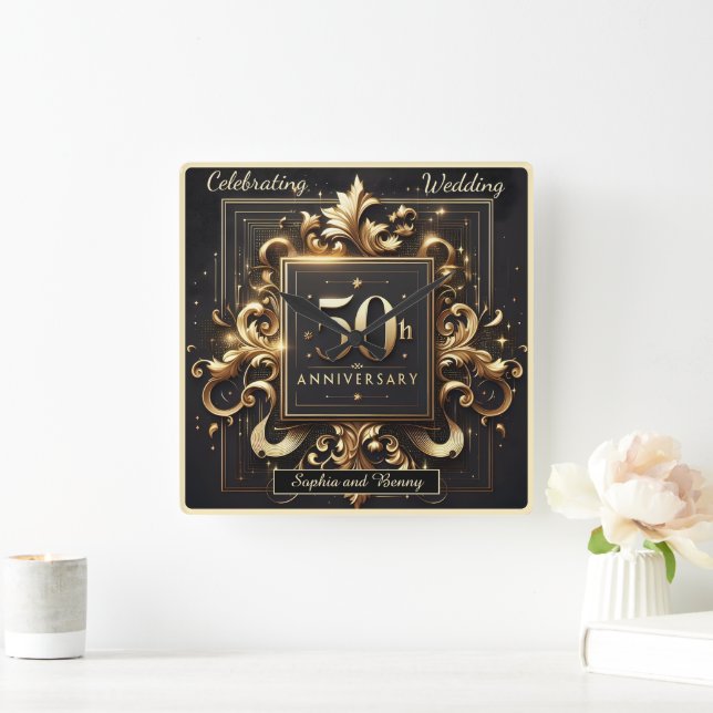 Golden Flourish: 50th Anniversary Design Square Wall Clock (Home)