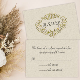 Golden Flourish Wedding Crest Beige Wedding RSVP Card