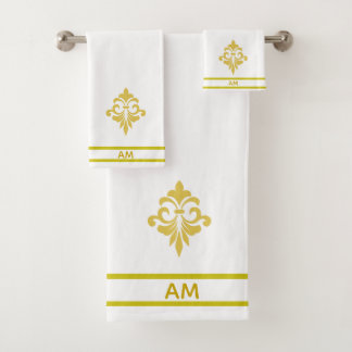 Golden Flower, Monogram and Stripes on White Bath Towel Set