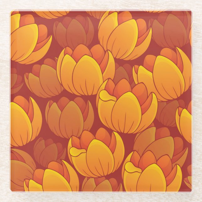 Golden Flower Pattern Glass Coaster (Front)