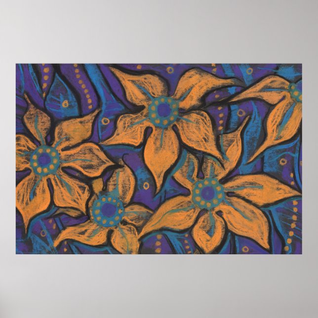 Golden Flowers, abstract floral art, purple orange Poster (Front)