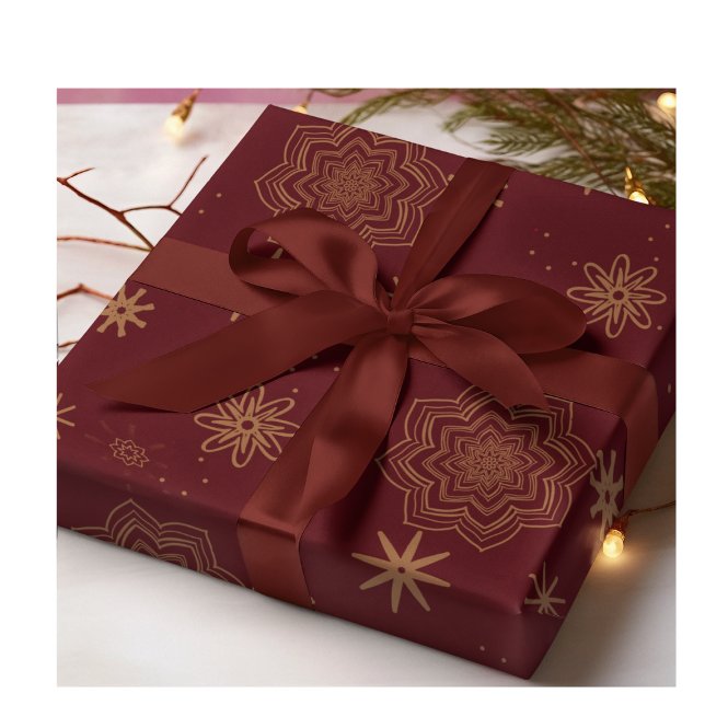 Golden flowers and stars on Burgundy Wrapping Paper Sheet (Creator Uploaded)