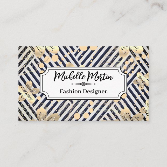 Golden Flowers | Blue White Striped Pattern Business Card (Front)