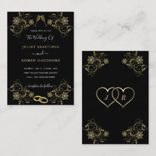 Golden Flowers Love Gold Black Wedding Invitation