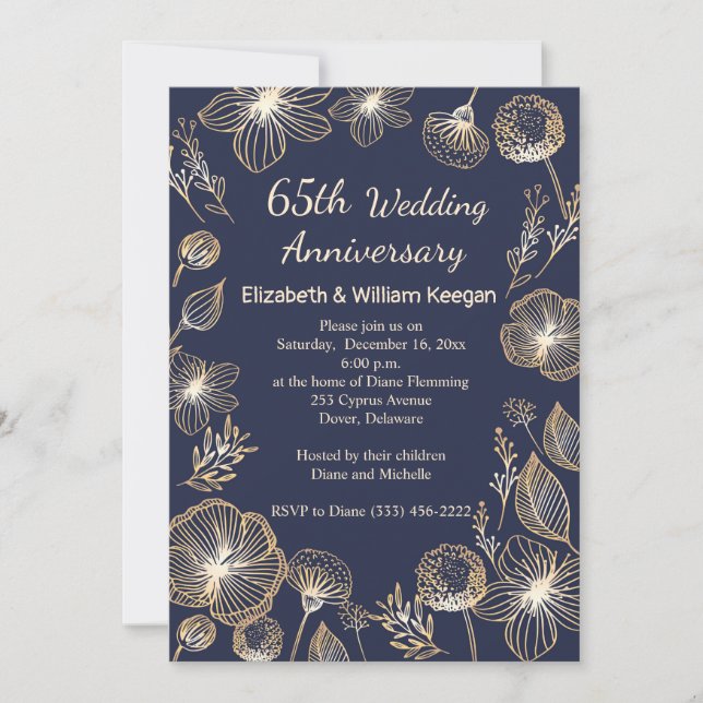 Golden flowers on blue 65th Wedding Anniversary Invitation (Front)