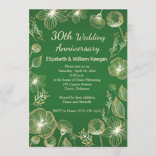 Golden flowers on green 30th Wedding Anniversary Invitation