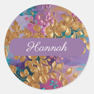 Golden Flowers Painted On Pink Lilac Turquoise Classic Round Sticker