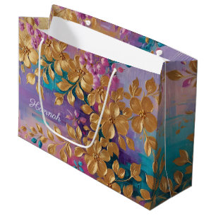 Golden Flowers Painted On Pink Lilac Turquoise Large Gift Bag