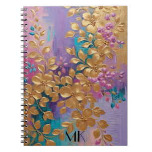 Golden Flowers Painted On Pink Lilac Turquoise Notebook