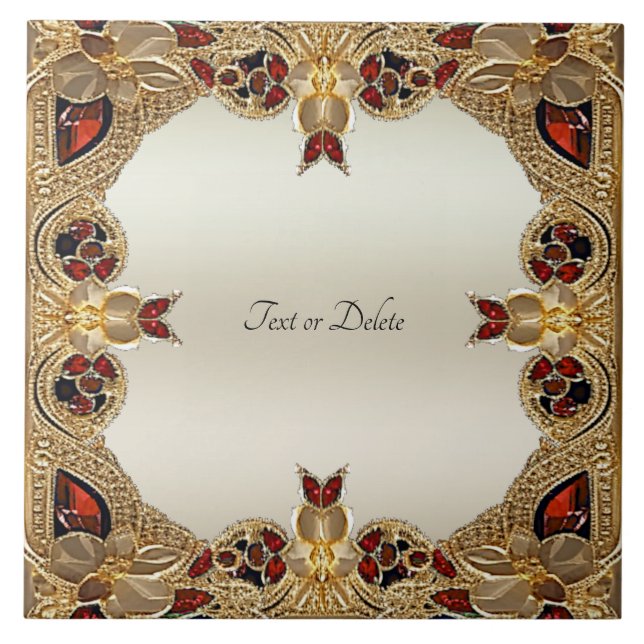 Golden Flowers Red Gemstone Ceramic Tile (Front)