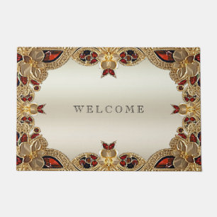 Golden Flowers Red Gemstone Doormat