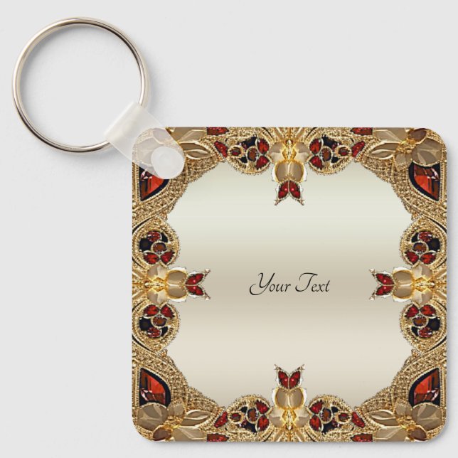 Golden Flowers Red Gemstone Keychain (Front)