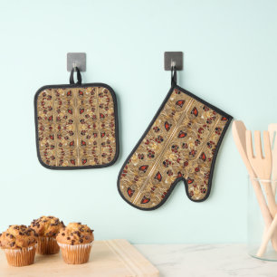 Golden Flowers Red Gemstone Oven Mitt & Pot Holder Set