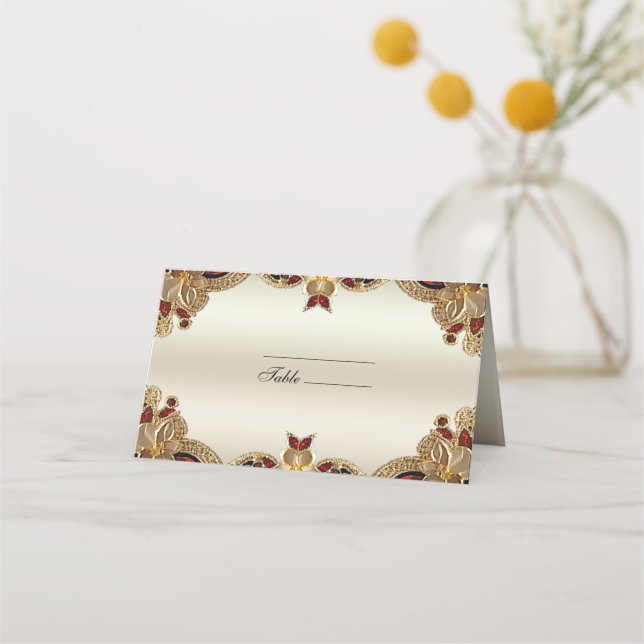 Golden Flowers Red Gemstone Splendour Place Card (Front)