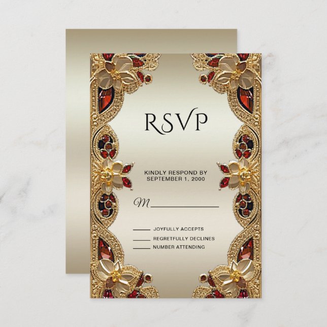Golden Flowers Red Gemstone Splendour RSVP Card (Front/Back)