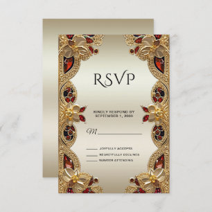 Golden Flowers Red Gemstone Splendour RSVP Card