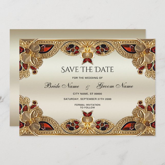 Golden Flowers Red Gemstone Splendour Save The Dat Save The Date (Front/Back)