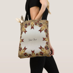 Golden Flowers Red Gemstone Tote Bag