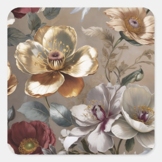 Golden flowers square sticker