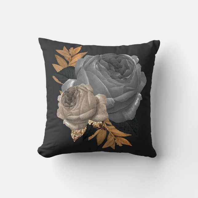 golden flowers with black background Throw Pillow (Front)