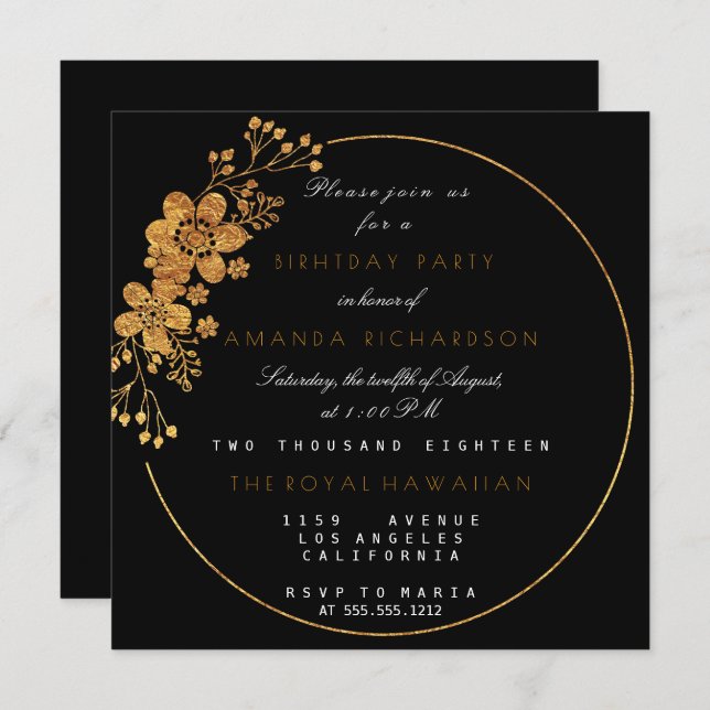 Golden Foil Floral Glam Vip Birthday Party Invitation (Front/Back)