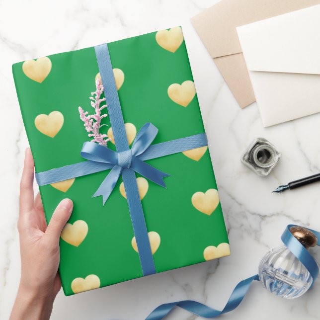 Golden Foil Hearts Pattern on Green Wrapping Paper (Gifting)