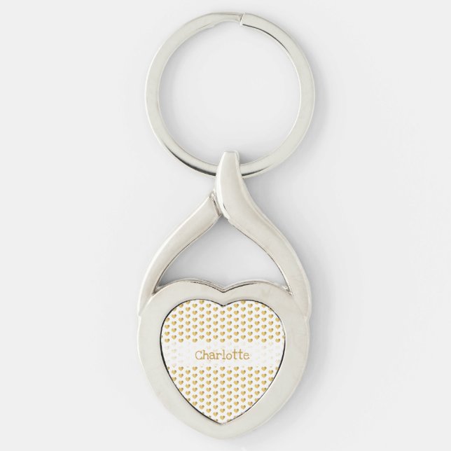 Golden Foil Hearts Pattern on White Grunge Modern Key Ring (Front)