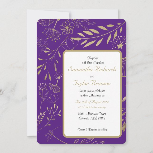 Golden Foil Leaf Floral Wedding Invitation (Front)