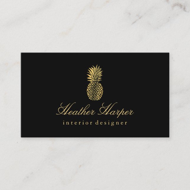 Golden Foil Pineapple Script Business Card Black (Front)