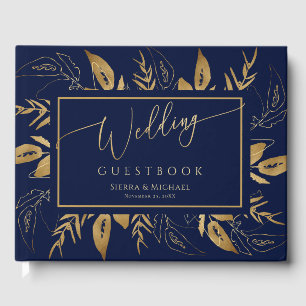 Golden Foliage Elegant Gold Navy Blue Wedding Guest Book