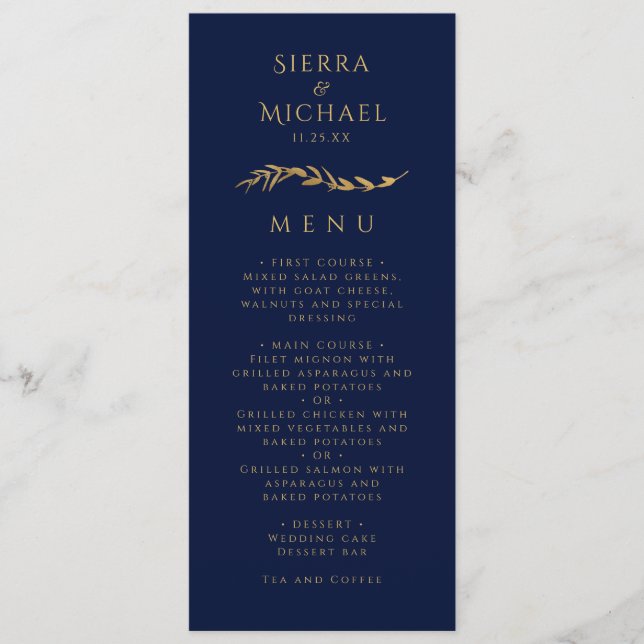 Golden Foliage | Elegant Gold Navy Blue Wedding Menu (Front)
