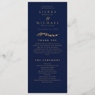 Golden Foliage Elegant Navy Blue Gold Wedding Programme