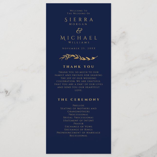 Golden Foliage | Elegant Navy Blue Gold Wedding Programme (Front)