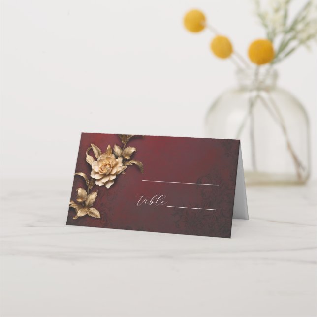 Golden foliage vintage wedding place card (Front)