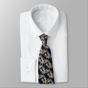 Golden Foliage Wreath Navy Blue Wedding Tie