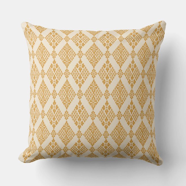 Golden Folk Floral Throw Pillow – Vintage Style (Front)