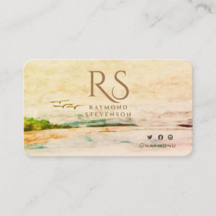 Golden Forest Birds Landscape Monogrammed Business Card