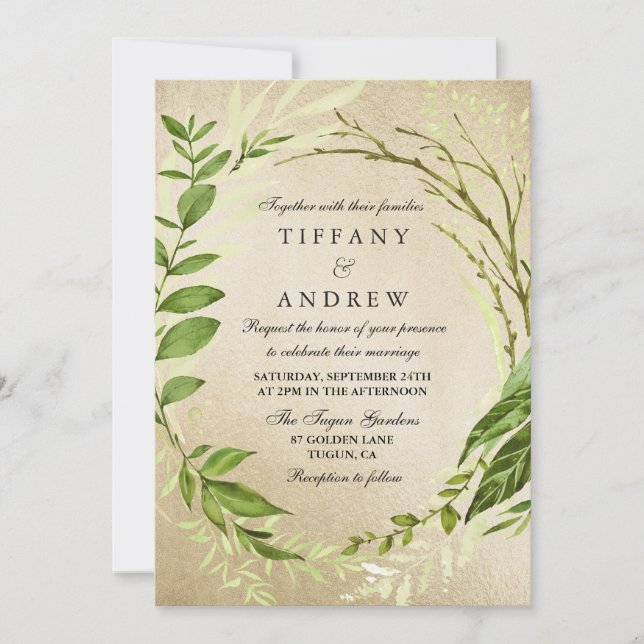 Golden Forest Leaf Wreath Wedding Invitation (Front)