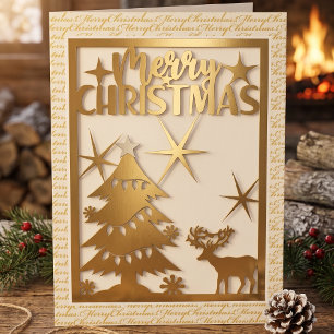Golden Forest Merry Christmas Papercut Greeting Holiday Card