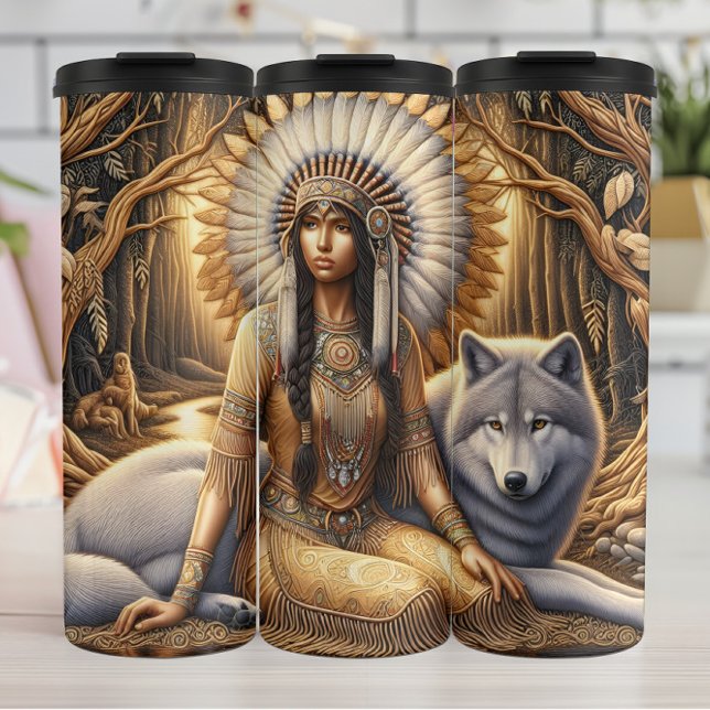 Golden Forest Spirit, Woman and Wolf. Thermal Tumbler (Creator Uploaded)