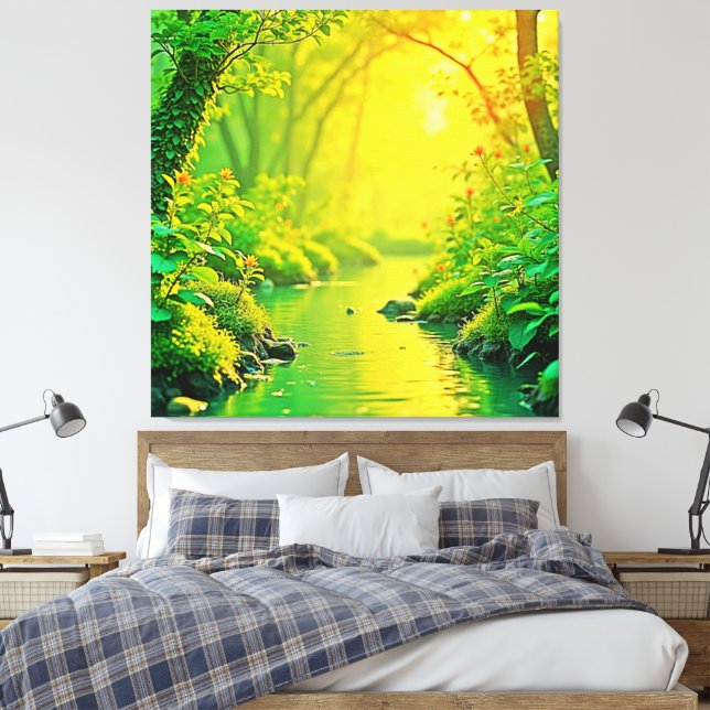 Golden Forest Stream Peaceful Art Canvas Print (Insitu(Bedroom))