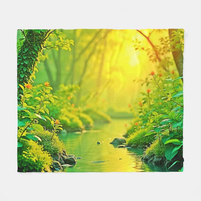 Golden Forest Stream Peaceful Art Fleece Blanket (Front (Horizontal))