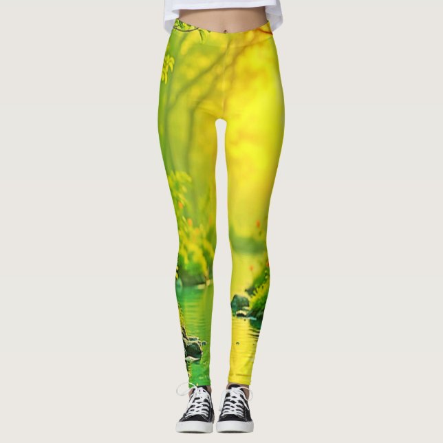 Golden Forest Stream Peaceful Art Leggings (Front)