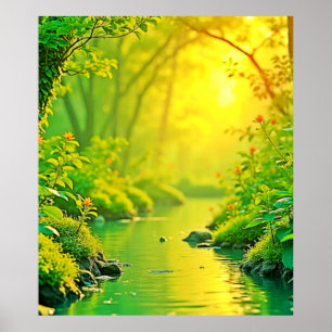 Golden Forest Stream Peaceful Art Poster