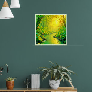 Golden Forest Stream Peaceful Art Poster