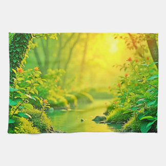 Golden Forest Stream Peaceful Art Tea Towel