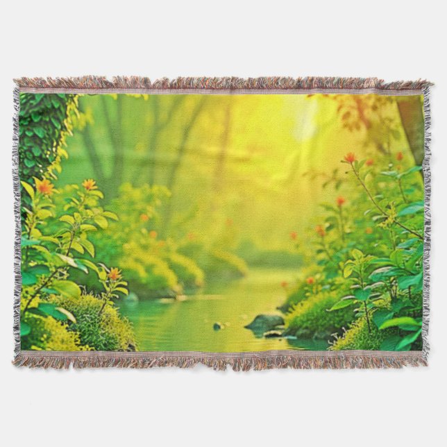Golden Forest Stream Peaceful Art Throw Blanket (Front)