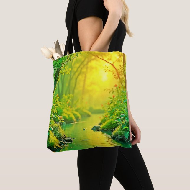 Golden Forest Stream Peaceful Art Tote Bag (Close Up)
